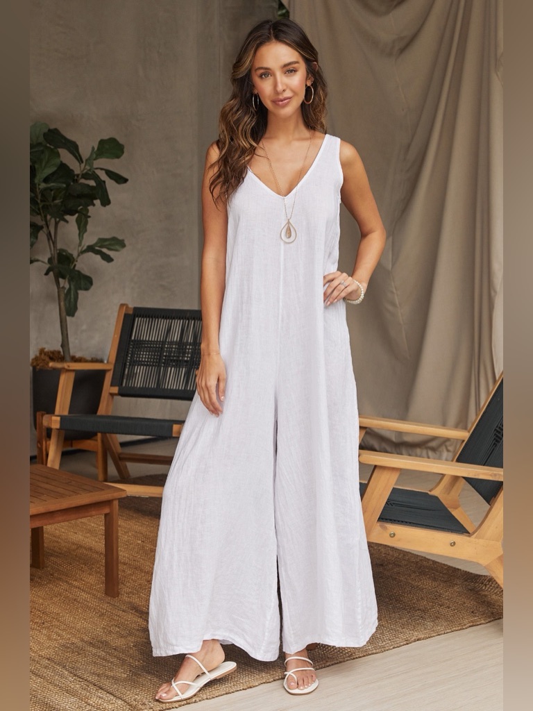 (11806-Wht) Linen Sleeveless V-Neck Jumpsuit